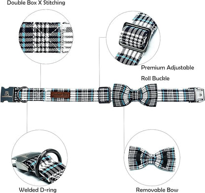 Lionheart glory Dog Bow Collar Blue and Black Plaid Dog Collar for Small Dogs,Boy Dog Collars with Bowtie Spring Summer Collars Soft Adjustable Pet Collar Bows