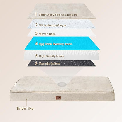 EHEYCIGA Waterproof Dog Bed Orthopedic 41"x27", Memory Foam Pet Bed for XLarged Dogs, Washable Pet Mat with Removable Cover, Beige