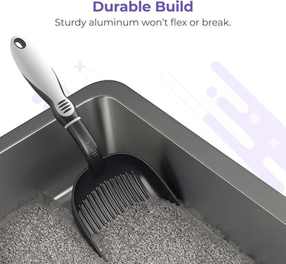 iPrimio Cat Litter Scoop Metal w/ Deep Shovel, Black - Non Stick Plated Aluminum Cat Litter Scooper with Holder - Litter Box Scooper - Metal Cat Litter Scoop - Patented Sifter w/ Holder - Solid Handle