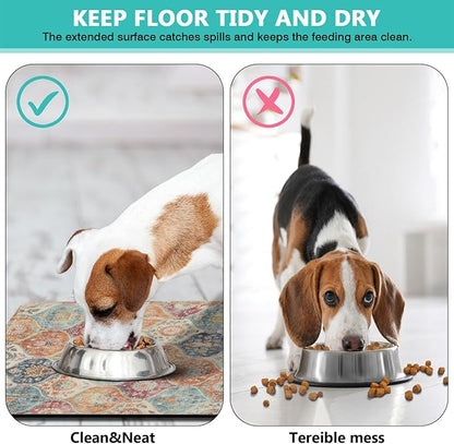 Moroccan Trellis Dog Food & Water Mat, Mexican Talavera Boho Colorful Pet Feeding Mat for Floor Non-Slip Waterproof, Super Absorbent Cat Bowl Mat, Easy to Clean Durable Pet Placemat,24" × 32"
