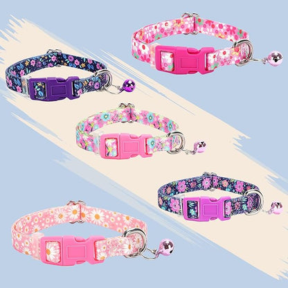 Nylon Dog Collar with Bell for Small Dogs, Adjustable Puppies, Kittens & Small Pets Collar- Purple Floral Design, XXS-XS-S Sizes, Lightweight & Secure Fit, for Pet Owners (S)