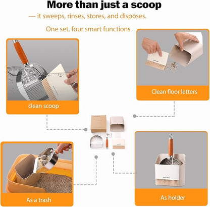 Custom 40% Thicker Side Edges 304 Stainless Steel Metal Cat Litter Scoop with Holder Stand Small Broom & Dustpan - Durable, Anti-Break Handle