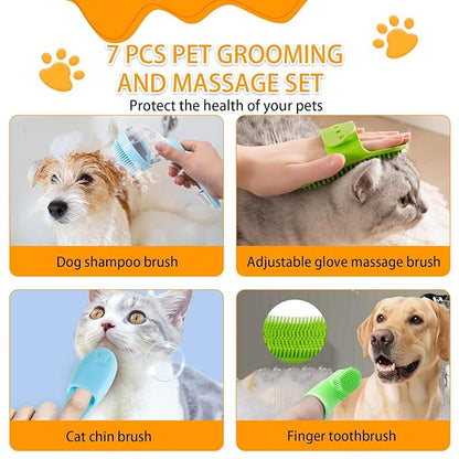 7 PCS Pet Bath Brush Set, Dog Bath Brush with Shampoo Dispenser, Cat Chin Cleaning Brush, Dog Toothbrush, Adjustable Glove Massage Brush, Pet Scrubber for Bathing Long Short Haired Dogs Cats