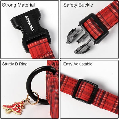 DOGWONG Christmas Plaid Dog Collar, Cute Adjustable Red Tartan Collar, Red Grid Dog Collar with Strong Plastic Buckle for Small Medium Large Dogs,M