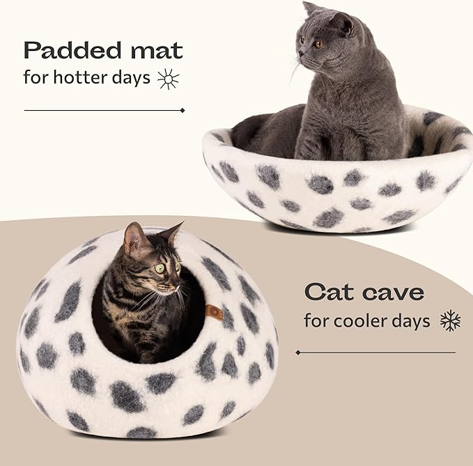 MEOWFIA Cat Cave – Premium Felt Cat Bed for Indoor Cats, Handmade Merino Wool (Snow Leopard, Medium)