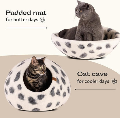 MEOWFIA Cat Cave – Premium Felt Cat Bed for Indoor Cats, Handmade Merino Wool (Snow Leopard, Medium)