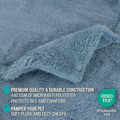 PetAmi Fluffy Waterproof Dog Blanket for Bed Large Dogs, Soft Warm Pet Sherpa Throw Pee Proof Couch Cover, Reversible Cat Blanket Sofa Crate Kennel Protector, Washable Mat Queen (Dusty Blue, 90x90)