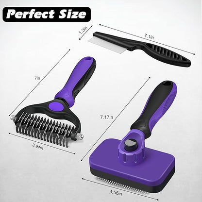 3PCS Self Cleaning Slicker Brush & Pet Grooming Rake & Flea Comb for Dogs,Cats and Horses | Double-Sided Dematting Comb & Skin Friendly Deshedding Grooming Tool | Premium Pet Supplies (Purple Black)