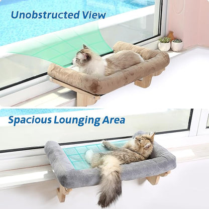 Zakkart Cat Perch for Window Sill with Bolster - Orthopedic Hammock Design with Premium Hardwood & Robust Metal Frame - Cat Window Seat for Large Cats - Natural Color Wood Brown Bed, XLarge 26.4''W