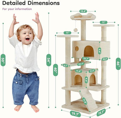 Cat Tree Tower, 54-Inch Cat Tree for Indoor Cats, Multi-Level Furniture Activity Center Cat Tower with Scratching Post, Beige