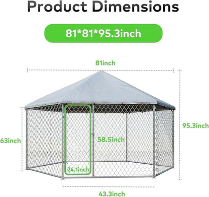 6.8x6.8 FT Outdoor Dog Kennel Outside Heavy Duty Dog Enclosure with Waterproof Cover and Security Lock, Galvanized Wire Mesh Hexagonal Large Dog Kennel(81x81x95.3IN)