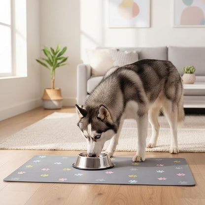 Pet Feeding Mat Absorbent Dog Mat for Food and Water Non Slip Quick Dry Dog Bowl Mats for Floors 27" X 17" Paw Light Gray
