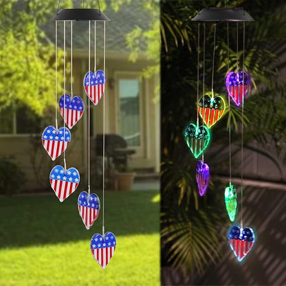 American Flag Solar Wind Chimes, Heart-Shaped Love Patriotic Wind Chime Color Changing Solar Lights for Garden Patio Home Decor