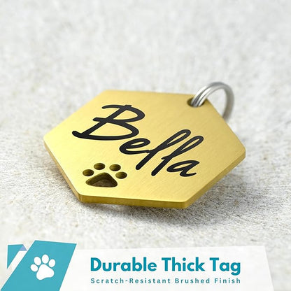 Ultra Joys Dog Tags Personalized for Pets - Hollow Paw Custom Pet ID Tag - Engraved Dog Tag for Small, Large Dogs - Small Hexagon in Gold