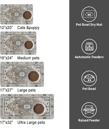 Dog Food Mats for Floors, Absorbent and Quick-Drying Pet Cat Food Mat,Anti-Fouling and Easy-to-Clean Pet Feeding Mat,Dog Bowl Mat for Messy Drinking Water Bowls.12 x20, Bohemia Style