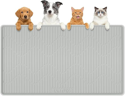 Silicone Cat & Dog Food Mat, 40" x 22" Extra Large Pet Feeding Mat for Cats and Dogs Bowl, Pet Placemat for Food and Water with Raised Edge, Waterproof, Leakproof (Grey)
