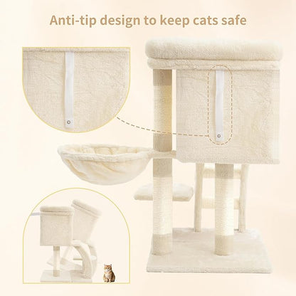 Heybly Cat Tree Tower, Cat condo for Indoor Kittens, Cat House with Wide Plush Top Perch, Ladder, Basket, Sisal-Covered Scratching Posts, Cozy Activity Center for pet, Beige HCT009SM