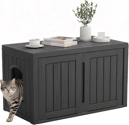 Cat Litter Box Enclosure, Hidden Enclosed Litter Box Furniture with Adjustable Partition, Multi-Functional Outdoor Cat House, Side Table, Easy to Clean, Dark Black