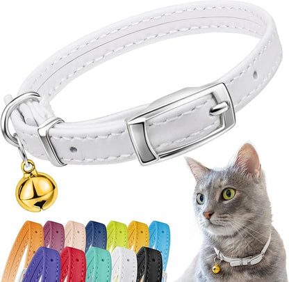 CollarDirect Leather Cat Collar with Bell - Kitten Collar, Small and Big Cat Collar for Boy Cats, Girl Cats with Safety Elastic Strap (Neck Fit 8"-11", White)
