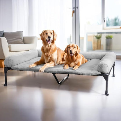 Veehoo Orthopedic Elevated Dog Bed with Fluffy Plush Bolster Cushion, Indoor Raised Dog Beds for Large Dogs, Soft Pet Sofa Cot with Removable Washable Mat, No-Slip Feet, 59 x 37 inches, Grey