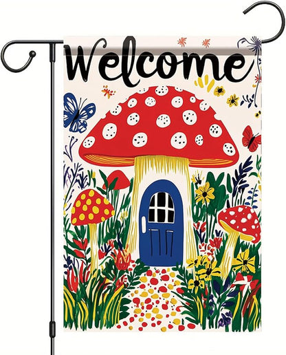Mushroom House Garden Flag 12x18 Inch Welcome Yard Banner Whimsical Fairy Tale Style Double Sided Outdoor Decoration for Porch Lawn Patio Spring Summer Seasonal Garden Decor