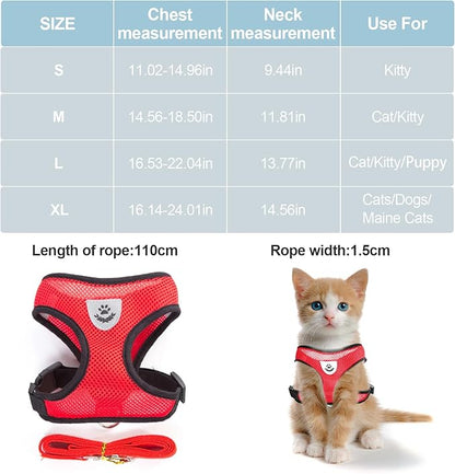 shudyear Summer cat Chest Harness and Leash, Anti-Escape Adjustable Soft mesh cat Leash and Chest Harness Set for All Types of Cats cat Vests (Size L,Red)
