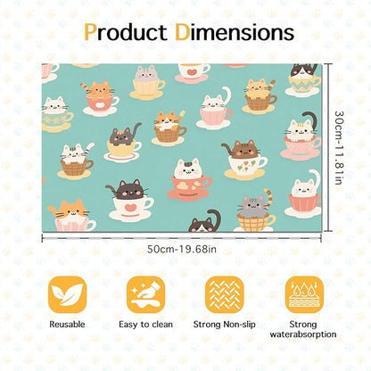 Cat Feedings Mats 20x12 inch Teacup Cat Print Pet Bowl Placemat Non Slip Mat for Cats Food and Water Indoor Kitty Feeding Station Cute Cats Meal Mat for Small Pets Kitchen Floor Use
