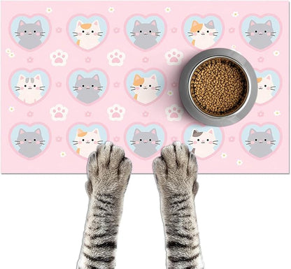 Cat Feeding Mat 24x16 inch Pink Heart Kitten Print Pet Bowl Placemat Non Slip Floor Mat for Food and Water Indoor Kitty Feeding Station Cute Meal Pad for Small Pets Kitchen Use