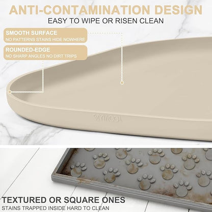Silicone Pet Food Mat with Raised Edge for Food and Water Bowl, Dog Feeding Mats, Cat Food Trays for Floor Waterproof, Rubber Tray for Dogs and Cats, 22 x 14 x 0.8 Beige