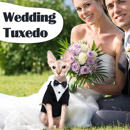 QBLEEV Cat Tuxedo Suit, Cat Halloween Costumes for Cats Only, Sphynx Cat Tuxedo Outfit Costume with Bow Tie, Kitten Formal Attire Wedding Birthday Onesie Clothes for Male Girl Hairless Cats