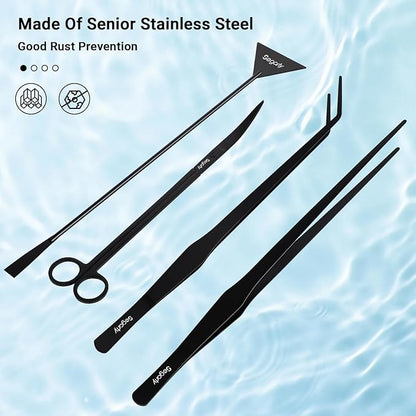 Segarty Longer Aquarium Aquascaping Tools, 4 in 1 Stainless Steel Black Aquarium Tools Kit for Aquatic Plant Fish Tank, Long Scraper Spatula Feeding Tweezers Curved Scissors Anti Rust Aquascape Set