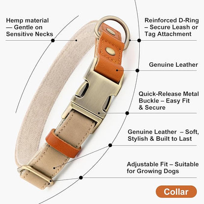 Plutus Pet Genuine Leather & Hemp Dog Collar – Adjustable Heavy Duty Pet Collar with Quick Release Metal Buckle, Soft & Stylish for Puppy and Small, Medium, Large Dogs (Beige, S)