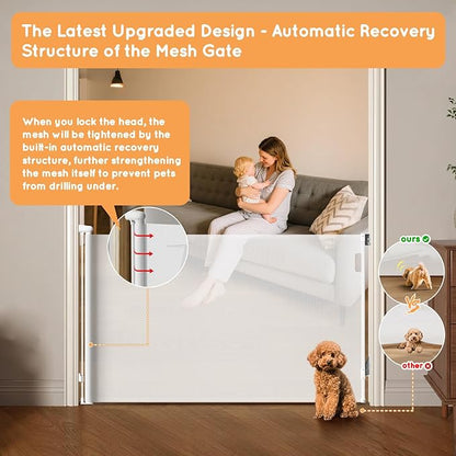 Retractable Baby Gate for Stairs, 55" Wide Mesh Pet Gate, Automatic Tension, One-Hand Operation, 38" Tall Baby Gates for Doorways, Hallways, Deck, Indoor Outdoor, Safe, Easy to Fit, White
