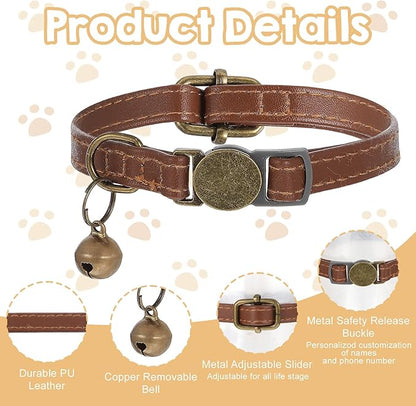 2 Pcs PU Leather Cat Collar Breakaway with Bell, Personalized Adjustable Cat Collars Retro Collars Pet Leather Collar with Quick Release Buckle for Cats Kittens