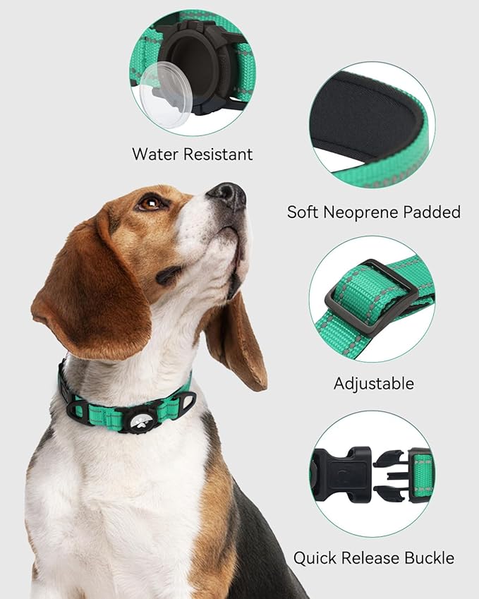 Joytale Airtag Dog Collar, Reflective Pet Collar with Waterproof AirTag Holder, Dual D-Rings, Soft Padded Adjustable for Large Dogs, Teal, L