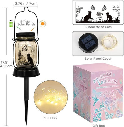 kyoryuger Cat Lover Gifts for Mom/Grandma/Women/Sister Cat Butterfly Solar Light Gifts Solar Lanterns Outdoor Waterproof Fairy Lights Led Mason Jar Hanging Cat Lamps Decor for Garden Yard Patio