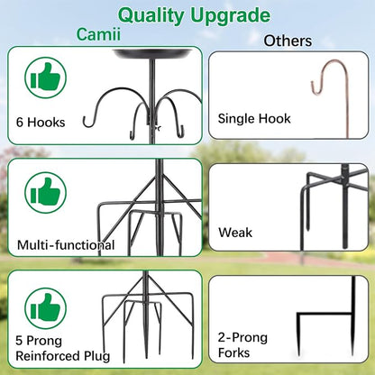 4-Hook Shepherds Hooks for Outdoor, 103" Heavy Duty Bird Feeder Pole with 5 Prongs Base, Adjustable Garden Hook for Plant Baskets, Hummingbird Feeder, Lantern, Solar Light, Garden Hook for Outside
