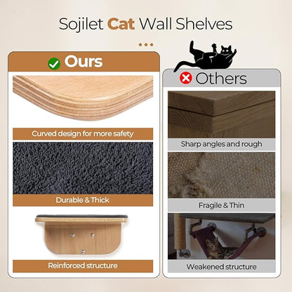 Cat Wall Shelves for Cat Wall Steps, Perch, Ladder, Wooden Floating Modern Mounted Space Saving Furniture with Scratching Cushion Removal Cover for Climbing, Jumping and Sleeping(Steps & Hammock)