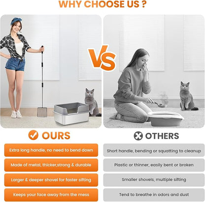 Cat Litter Scoop 43 inch Metal Litter Scooper with Stainless Steel Long Handle, Upgraded Large Kitty Box Scooper Heavy Duty Deep Shovel for Fast Sifting, Dog Waste Scooops for Outside Pet Poop