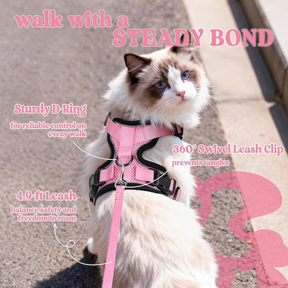 rabbitgoo Cat Harness and Leash for Walking, Escape Proof Soft Adjustable Vest Harnesses for Cats, Easy Control Breathable Reflective Strips Jacket, Pink, M