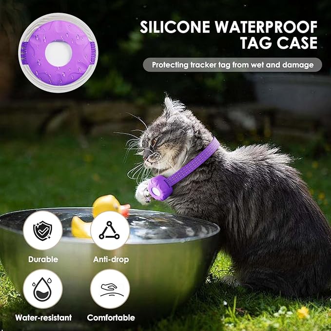 GPS Tracker for Cats, Compatible with Apple Find My App (Only iOS), No Monthly Fee Cat Tracker, Waterproof (White Tracker, Purple Cat Collar)