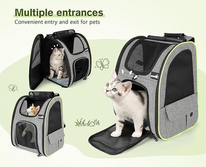 Pecute Cat Backpack Carrier Expandable, Pet Backpack with Curtain for Cats Dogs Up to 11lbs, with 4-Side Breathable Mesh, Multi-Entry & Lockable Zippers for Travel, Hiking, Camping - Hands Free