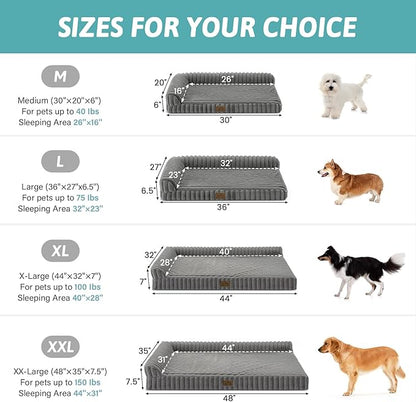 Cute Dog Bed, Faux Rabbit Fur Orthopedic Foam Dog Bed with Sides, Removable Washable Cover & Waterproof Lining, Comfortable Pet Couch for Large Dogs, Grey (44" L x 32" W x 7" Th)