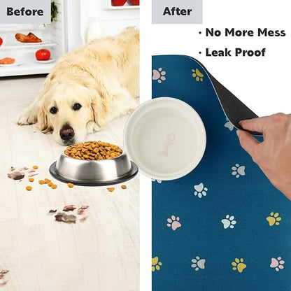 Pet Feeding Mat Absorbent Dog Mat for Food and Water Non Slip Quick Dry Dog Bowl Mats for Floors 27" X 17" Paw Lake Blue