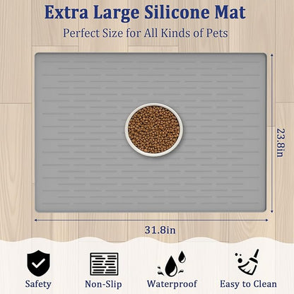31.8"x23.8" Extra Large Pet Food Mat, Silicone Dog Mats for Food and Water, XL Nonslip Pet Feeding Mats for Floors,Dog Cat Bowl Mat with Raised Edges, Lake Blue