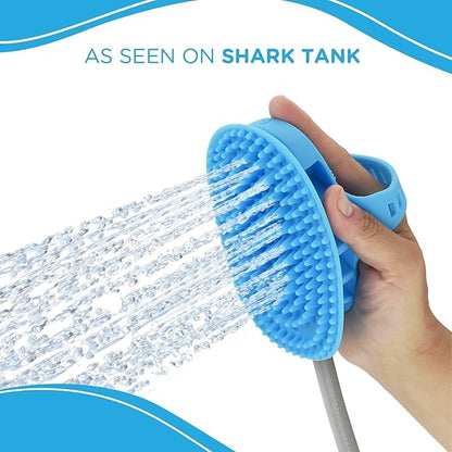 Aquapaw 5-in-1 Horse & Dog Bath Brush & Curry Comb - XL Blue Silicone - Includes 3-ft Shower Hose Attachment & Adapter - Adjustable Spray Scrub Massager - Great for Horses & Big Dogs