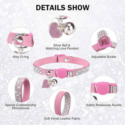 Rhinestone Cat Collar Breakaway with Bell, Diamond Cat Collar with Safety Buckle Quick Release for Girl Boy Kitten Pets Puppy,Cute Soft Female Male Cat Collars,Valentine's Day Pink 8-12"