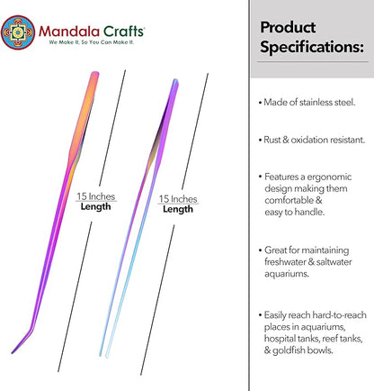 Mandala Crafts 15 Inches Rainbow Stainless Steel Straight and Curved Aquarium Tweezers for Aquatic Plants – Long Aquascape Forceps for Fish Tanks, Hospital Tanks, Goldfish Bowls, and Terrariums