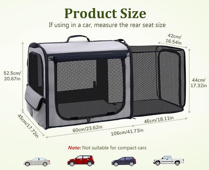 Pecute Dog Car Carrier Stable and Light Weight, Expandable Extra Space Dog Carrier for Cars, Breathable Dog Car Crate, Foldable Pet Carrier for Both Indoor and Outdoor Use, Pet Travel Crate Gray
