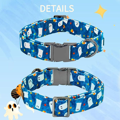 Halloween Dog Collar, Ghost Print Adjustable Pet Collar Blue Cute Cotton Soft Collars with Bow Tie Fall Metal Buckle Holiday Puppy Collars Boy&Girl Gift for X-Small Dogs
